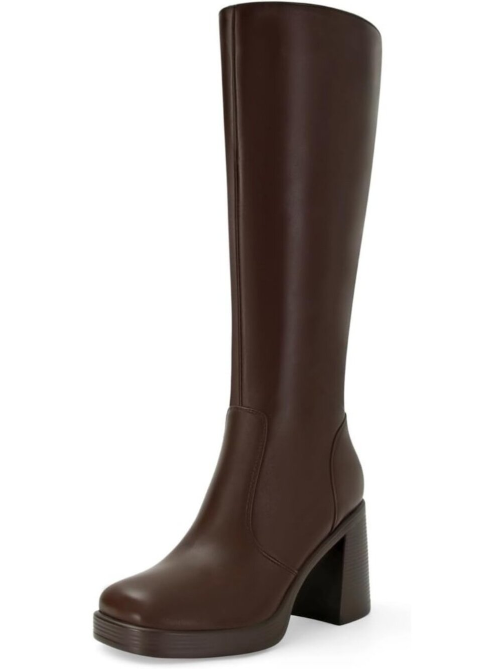 Women's Chocolate Brown Leather Platform Square Toe Chunky Block Heeled Boot